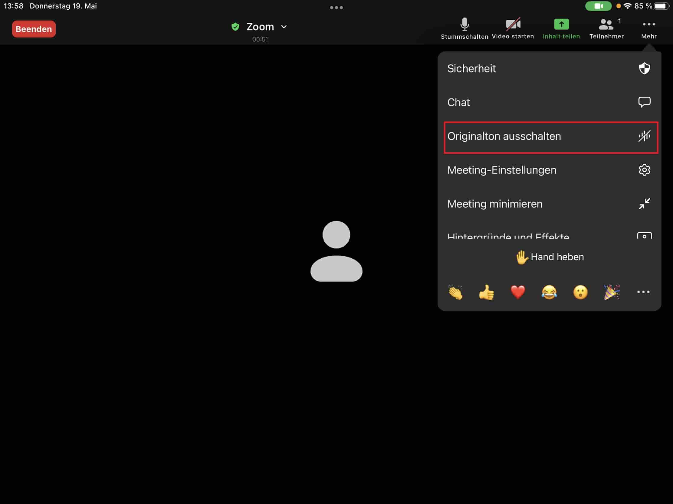ZOOM-Mobile-App-Originalton angeschaltet